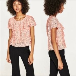 Zara Short Sleeve Layered Floral Lace Top- size M